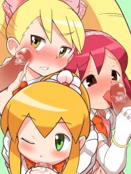 00s 3girls blonde_hair blush bow bowtie brown_eyes capcom censored crossover disembodied_penis dr._light_(mega_man) dress drill_hair elbow_gloves fellatio frills from_behind gloves green_background green_eyes hair_bow hair_ribbon hairband idol licking long_hair luna_platz_(mega_man) mayl_sakurai_(mega_man) mega_man_(classic) mega_man_(series) mega_man_battle_network mega_man_star_force_(series) multiple_girls necktie novelty_censor oral penis penis_on_face ponytail popporunga red_hair ribbon roll_(mega_man) short_hair skirt twin_drills white_gloves wince yellow_eyes