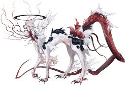absurdres animal_feet black_fur black_halo claws deepsea9013 eldritch_abomination feathered_wings halo head_wings highres monster monster_focus no_humans original petals simple_background solo spotted_fur tendril white_background white_fur white_wings wings