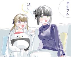 2girls alternate_hairstyle black_bow black_hair blue_sweater blush bow braid breasts brown_hair calling center-flap_bangs commentary couch dress green_eyes hair_bow half_up_braid highres jewelry kachimachi_kosuzu kachimachi_kosuzu_(winter_loungewear) link!_like!_love_live! long_dress long_sleeves looking_ahead looking_to_the_side love_live! medium_breasts momose_ginko momose_ginko_(winter_loungewear) multiple_girls necklace nose_blush on_couch open_mouth pants pipi_(m1x_mix) ring shared_speech_bubble short_hair simple_background sitting speech_bubble stuffed_animal stuffed_bird stuffed_toy sweater translation_request tsuru_(love_live!) turtleneck turtleneck_sweater virtual_youtuber wedding_ring white_background white_dress white_pants wife_and_wife
