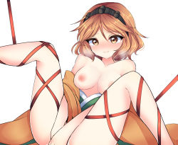 1girl bdsm black_hairband blush bondage bound breasts brown_hair commentary_request crying female_masturbation fingering genderswap genderswap_(otf) hairband highres len&#039;en masturbation medium_breasts medium_hair orange_hair ougi_hina red_ribbon ribbon ribbon_bondage simple_background solo white_background zuifeng_tenkai