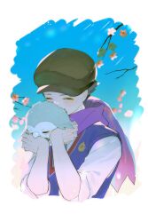 Rule 34 | 1boy, absurdres, alternate color, blue vest, border, closed eyes, day, flower, gen 7 pokemon, green necktie, hands up, highres, holding, holding pokemon, majyo (witch poke), male focus, necktie, nintendo, official alternate costume, outdoors, pink flower, pokemon, pokemon (creature), pokemon masters ex, purple scarf, rei (academy) (pokemon), rei (pokemon), rowlet, scarf, school uniform, shiny pokemon, shirt, vest, white border, white shirt