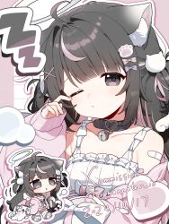 1girl ahoge animal_ear_fluff animal_ears bandaid bandaid_on_shoulder bare_shoulders bell black_collar black_eyes black_hair blue_bow blunt_bangs blush bow breasts camisole cat_ears cat_girl cat_hair_ornament closed_mouth collar collarbone commentary commission dated dot_nose english_commentary frilled_camisole frills grid_background hair_bow hair_ornament halo hand_up heart heart_collar highres jacket jacket_partially_removed long_hair long_sleeves looking_at_viewer multicolored_hair neck_bell one_eye_closed open_clothes open_jacket original orphaneater_io outline paw_hair_ornament pink_background pink_bow pink_hair puffy_long_sleeves puffy_sleeves sidelocks single_tear sleeve_bow sleeves_past_wrists small_breasts streaked_hair tears twitter_username white_background white_camisole white_outline wiping_tears x_hair_ornament zzz