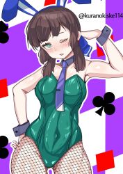 1girl animal_ears blush breasts brown_hair bunny_day detached_collar fake_animal_ears fishnet_pantyhose fishnets freckles green_eyes green_leotard hairband highres kantai_collection kurano_kisuke leotard long_hair looking_at_viewer medium_breasts mogador_(kancolle) one_eye_closed pantyhose playboy_bunny poker rabbit_ears ribbon solo strapless strapless_leotard twitter_username wrist_cuffs