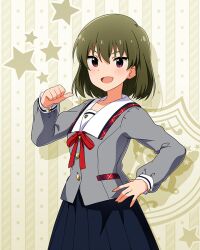 1girl :d black_skirt breasts buttons collar collarbone cowboy_shot dot_nose grey_hair grey_serafuku grey_shirt hair_between_eyes hand_on_own_hip idolmaster idolmaster_million_live! idolmaster_million_live!_theater_days junior_high_schoolmate_(idolmaster) light_blush long_sleeves nagayoshi_subaru neck_ribbon official_alternate_costume official_art open_mouth plaid_clothes plaid_collar pleated_skirt red_eyes red_ribbon ribbon school_uniform serafuku shirt short_hair sidelocks skirt small_breasts smile solo star_(symbol) star_symbol_background straight_hair thumbs_up v-shaped_eyebrows white_collar