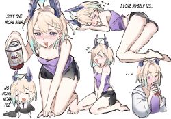 ... 1girl ahoge aqua_hair ass barefoot beer_can blonde_hair blush braid breasts camisole can cleavage dolphin_shorts drink_can drinking drooling drunk ear_blush english_text enna_alouette hair_between_eyes head_wings highres holding holding_can mouth_drool multicolored_hair multiple_views nijisanji nijisanji_en nose_blush office_lady open_mouth purple_camisole purple_eyes shorts sketch sleeping small_breasts streaked_hair teardrop tearing_up virtual_youtuber wings yawning yukdz2 zzz