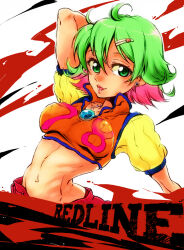 1girl arm_up collarbone copyright_name earrings eyelashes green_eyes green_hair hair_ornament hairclip harunosuke_(hobohobo) jewelry looking_at_viewer midriff navel open_mouth orange_shirt redline shirt short_sleeves solo sonoshee_mclaren undershirt white_background
