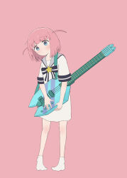 Rule 34 | 1girl, absurdres, ankle socks, bass guitar, blue hair, bocchi the rock!, bow, bowtie, closed mouth, delmin (show by rock!!), dot mouth, dot nose, bass guitar, full body, gotoh futari, guitar strap, head tilt, highres, holding, holding bass guitar, holding instrument, instrument, oversized clothes, oversized shirt, pink background, pink hair, sailor collar, shirt, show by rock!!, socks, solo, standing, star ornament, two side up, voice actor connection, watada misaki, white shirt, white socks, zephda