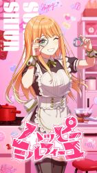 1girl apron bag balloon bandages blonde_hair book bowl chocolate cooking_pot corset english_text gakuen_idolmaster game_cg green_eyes grin hair_ornament hairclip holding idolmaster japanese_text multicolored_hair official_art one_eye_closed open_book orange_hair plate puffy_sleeves rabbit rolling_pin shelf shiun_sumika shoes smile solo splatter stool stove thighhighs unworn_shoes weighing_scale wrist_cuffs