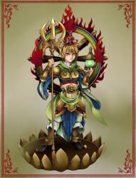 1girl armor bishamonten bishamonten&#039;s_pagoda bishamonten_(cosplay) blonde_hair cosplay female_focus full_body gradient_background hair_ornament highres multicolored_hair polearm short_hair solo spear standing toramaru_shou touhou trident weapon wheel yellow_eyes yukichi_(bancho99)