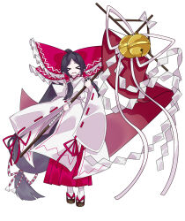 &gt;_&lt; 1girl absurdly_long_hair absurdres bell bow brown_eyes chihaya_(clothing) commentary_request foul_detective_satori frilled_bow frilled_hair_tubes frills full_body gensokyo&#039;s_first_hakurei_miko gohei hair_bow hair_tubes hakama hakama_skirt head_tilt highres holding holding_gohei huge_bow japanese_clothes jingle_bell kanae_mituki kosode large_bow long_hair long_skirt long_sleeves low-tied_long_hair miko no_nose okobo open_mouth parted_bangs platform_sandals ponytail red_bow red_ribbon red_skirt ribbon ribbon-trimmed_sleeves ribbon_trim sandals shide sidelocks simple_background skirt socks solo standing straight-on sweatdrop tabi tassel touhou very_long_hair white_socks wide_sleeves