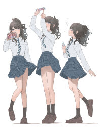 Rule 34 | 1girl, absurdres, arm behind back, arms up, arrow (symbol), black hair, black necktie, black socks, blue necktie, blue shoes, blue skirt, blush, breast pocket, breasts, cellphone, cherry blossoms, closed mouth, collared shirt, commentary, diagonal-striped clothes, diagonal-striped necktie, falling petals, floating clothes, from side, full body, half updo, hand up, high ponytail, highres, holding, holding phone, idolmaster, idolmaster shiny colors, kazano hiori, loafers, long sleeves, looking at viewer, looking up, medium hair, miniskirt, multiple views, necktie, open mouth, petals, phone, photo inset, plaid clothes, plaid skirt, pleated skirt, pocket, ponytail, profile, purple eyes, school uniform, shadow, shirt, shirt tucked in, shoes, short ponytail, sidelocks, simple background, skirt, small breasts, smartphone, smile, socks, standing, standing on one leg, striped clothes, swept bangs, symbol-only commentary, taking picture, tiptoes, umirororo, wavy hair, white background, white necktie, white shirt