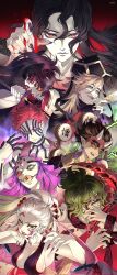 1girl 6+boys abin_(cardinalhyuga_s) akaza_(kimetsu_no_yaiba) artist_name bare_shoulders black_hair black_nails blonde_hair blood blood_on_hands breasts brother_and_sister cleavage colored_eyelashes colored_sclera crack daki_(kimetsu_no_yaiba) douma_(kimetsu_no_yaiba) drooling drum electricity extra_mouth eyelashes facial_mark facial_tattoo fangs fingernails folded_fan folding_fan forked_eyebrows frown full-body_tattoo glowing gradient_hair green_eyes green_hair gyokko_(kimetsu_no_yaiba) gyuutarou_(kimetsu_no_yaiba) hair_between_eyes hair_ornament hair_pulled_back hair_stick hand_fan hand_up hands_up highres holding holding_fan holding_sword holding_weapon horns instrument katana kibutsuji_muzan kimetsu_no_yaiba kokushibou light_brown_hair light_particles long_sleeves looking_at_viewer looking_away male_focus multicolored_hair multiple_boys oni_horns pale_skin pants pink_hair pointy_ears ponytail purple_nails reaching reaching_towards_viewer red_background red_eyes red_hair red_nails red_scarf ribbon scarf sharp_fingernails short_hair siblings sleeveless slit_pupils smirk spiked_hair spoilers stitched_mouth stitches streaked_hair sword tattoo text_in_eyes third_eye tongue tongue_out topknot topless_male weapon white_hair yellow_eyes yellow_sclera zohakuten_(kimetsu_no_yaiba)