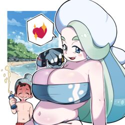 1boy 1girl beach bikini blood blue_bikini blue_tube_top blush bottle breasts cleavage closed_mouth commentary english_commentary gloves grey_hair hat heart highres holding holding_bottle large_breasts long_hair looking_at_viewer lotion male_swimwear mature_female melony_(pokemon) nintendo nosebleed ocean open_mouth outdoors plump pokemon pokemon_swsh red_swim_trunks saladenjoyer24 sand short_hair smile spoken_heart strapless sunscreen swim_trunks swimsuit topless_male tree tube_top victor_(pokemon)