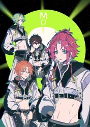 Rule 34 | 4boys, absurdres, belt, black belt, brown hair, crop top, cropped jacket, ensemble stars!, green eyes, green hair, hair between eyes, half updo, hand on own hip, highres, isara mao, looking at viewer, low ponytail, morisawa chiaki, multiple boys, official alternate costume, orange hair, ponytail, ppzi567, purple eyes, red eyes, red hair, short hair, tomoe hiyori, tsukinaga leo