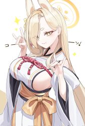 1girl animal_ears blonde_hair blue_archive bow breasts closed_mouth double_fox_shadow_puppet fox_ears fox_girl fox_shadow_puppet hairband halo highres japanese_clothes kaho_(blue_archive) kimono large_breasts long_hair mole mole_under_mouth obijime orange_hairband oyu_(oy234u) sideboob sideless_kimono smile solo sparkling_eyes white_kimono yellow_bow yellow_eyes