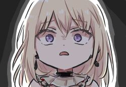 1girl bang_dream! bang_dream!_it&#039;s_mygo!!!!! blonde_hair commentary doloris_(bang_dream!) earrings grey_background jewelry lyy medium_hair misumi_uika open_mouth outline purple_eyes solo symbol-only_commentary white_outline