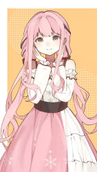 1girl bare_shoulders black_bow black_ribbon black_sash border bow bow_choker bowtie bra_strap brown_eyes buttons center_frills choker closed_mouth cowboy_shot fanfanjiadeayuanjiang frilled_shirt frilled_skirt frilled_sleeves frills hair_bow hair_ribbon halftone halftone_background hands_on_own_cheeks hands_on_own_face happy highres infinity_nikki layered_skirt light_blush long_hair long_sleeves looking_at_viewer low_twintails medium_skirt nikki_(nikki) nikki_(series) off-shoulder_shirt off_shoulder outside_border perfect_start_(infinity_nikki) pink_bow pink_bowtie pink_choker pink_hair pink_skirt pleated_skirt puffy_long_sleeves puffy_sleeves ribbon sash shirt single_stripe skirt smile snowflake_print solo standing straight-on striped_choker tress_ribbon twintails very_long_hair waist_sash white_border white_shirt white_skirt yellow_background