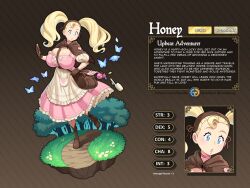 1girl blue_eyes breasts bug butterfly character_name curvy forest gandg glitter_and_gold highres honey_luxmoore_(gandg) huge_breasts insect nature original pink_lips reference_sheet thick_lips twintails