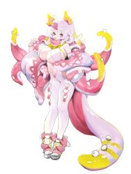 1girl absurdres blonde_hair bodysuit breasts commentary detached_sleeves full_body highres horns huge_breasts long_hair looking_at_viewer monster_girl multicolored_hair multiple_horns navel_piercing original piercing pink_eyes red_eyes rogger92 sandals simple_background solo standing tentacles tongue tongue_out tongue_piercing white_background white_bodysuit white_hair