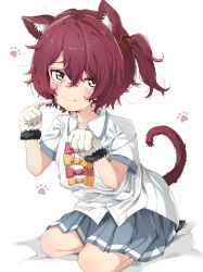 1girl animal_ear_fluff animal_ears aokaly blush bow bowtie cat_ears cat_girl cat_tail chinese_commentary closed_mouth collared_shirt commentary full_body fur-trimmed_gloves fur_trim gloves grey_skirt hair_bobbles hair_ornament highres kneeling komari_chika looking_at_viewer make_heroine_ga_oo_sugiru! medium_hair one_side_up paw_pose pleated_skirt red_bow red_bowtie red_hair school_uniform shirt short_sleeves simple_background skirt solo summer_uniform tail tsuwabuki_high_school_uniform wavy_mouth white_background white_gloves white_shirt yellow_bow yellow_bowtie yellow_eyes