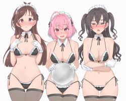 #unicus_(idolmaster) 3girls absurdres ahoge bare_shoulders bikini black_bikini black_hair black_ribbon blue_hair blush breasts brown_hair cleavage cowboy_shot crossed_bangs detached_collar earrings fang foreshortening frilled_bikini frills gloves gluteal_fold groin hair_ornament hair_ribbon hairclip half-closed_eyes hands_up heart heart-shaped_pupils heart_earrings highres holding holding_tray idolmaster idolmaster_cinderella_girls jewelry large_breasts leaning_forward long_hair looking_at_viewer maid_headdress medium_breasts mole mole_under_eye multicolored_hair multiple_girls neck_ribbon nose_blush open_mouth pink_eyes pink_hair ribbon sharp_teeth short_hair side-tie_bikini_bottom simple_background string_bikini stud_earrings sunazuka_akira sweatdrop swimsuit symbol-shaped_pupils teeth thigh_gap thighhighs thighs tray triangle_mouth tsujino_akari two-tone_hair two_side_up underboob wasabijoyu76 white_background white_gloves wide_hips yumemi_riamu