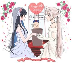 3girls alternate_costume alternate_hairstyle artist_collaboration black_hair blue_dress blue_hat blush bridal_veil closed_mouth commentary_request dress english_text eye_contact female_focus flower fujiwara_no_mokou gloves hair_flower hair_ornament hat heart highres houraisan_kaguya japanese_text jewelry jyazo_pic long_hair looking_at_another multiple_girls paint_chat_(medium) ponytail red_eyes red_flower red_rose ring rose see-through_clothes see-through_veil smile speech_bubble spoken_heart strapless strapless_dress ta_mi_01000 touhou translation_request veil very_long_hair wedding wedding_dress wedding_ring white_dress white_gloves wife_and_wife yagokoro_eirin yuri