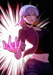 1girl academy_sashimi_sword_master black_background grey_hair kim_intructor magic red_eyes