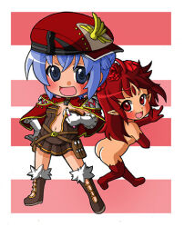 2girls :d ass blue_eyes blue_hair blush boots breasts brown_boots brown_dress cape chibi chibi_only commentary_request creator_(ragnarok_online) dress full_body fur-trimmed_boots fur_trim gloves hat lif_(ragnarok_online) looking_at_viewer monou0135 multiple_girls navel newsboy_cap open_mouth pink_background plunging_neckline ragnarok_online red_cape red_eyes red_hair red_hat short_dress short_hair sideways_hat small_breasts smile standing strapless strapless_dress white_gloves