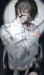 1boy absurdres alternate_universe arm_belt belt belt_buckle black_eyes black_hair black_male_underwear blood blood_from_mouth blood_on_clothes blood_on_face blood_on_hands blood_on_leg buckle chain chain_leash chest_harness chinese_commentary cowboy_shot crossed_arms dao_gui_yi_xian hair_between_eyes harness highres injury leash li_huowang li_huowang_(modern_world) long_sleeves looking_at_viewer male_focus male_underwear mask mouth_mask nidexintu nosebleed o-ring official_alternate_costume official_alternate_hair_length official_alternate_hairstyle one_eye_closed parted_lips restrained shirt short_hair sleeves_past_wrists solo spotlight straitjacket strap teeth underwear white_belt white_shirt