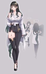 2girls absurdres asymmetrical_clothes baizhi_(wuthering_waves) black_gloves black_hair black_pants black_shoes breasts coat collared_shirt commentary detached_pants female_rover_(wuthering_waves) gloves green_eyes grey_background grey_hair highres huge_breasts kruup long_hair multicolored_hair multiple_girls off_shoulder pants partially_fingerless_gloves ponytail rover_(wuthering_waves) shirt shoes simple_background single_pantsleg sleeveless sleeveless_shirt streaked_hair tacet_mark_(wuthering_waves) thick_thighs thighs two-tone_hair very_long_hair white_coat white_shirt wuthering_waves