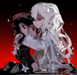 Rule 34 | 2boys, baldur&#039;s gate, baldur&#039;s gate 3, black hair, black nails, cazador szarr, chibi, comforting, dungeons & dragons, dungeons &amp; dragons, earrings, flower, gradient background, highres, hug, jewelry, kneeling, long hair, multiple boys, pointy ears, red eyes, smile, staff, vellioth, vihua6