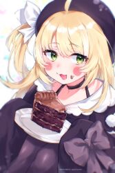 1girl ahoge beret black_bow black_choker black_hat blonde_hair blush bow cake cake_slice chocolate_cake choker eating flat_chest food food_on_face green_eyes gremlinbon hair_bow hat highres inis_(vtuber) knees knees_to_chest long_hair looking_to_the_side petite plate sitting sleeves_past_fingers sleeves_past_wrists socks_agency upper_body virtual_youtuber white_bow