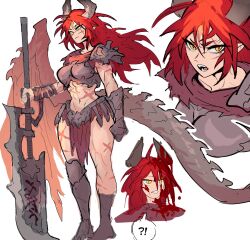 !? 1girl ahoge armband axe battle_axe belt blood blood_splatter boots clenched_hand commentary crop_top dragon_girl dragon_horns dragon_tail dragon_wings english_commentary gauntlets grey_belt grey_footwear grey_tail grey_tank_top highres holding holding_weapon horns knee_boots long_hair messy_hair midriff open_mouth original pointy_ears purple_loincloth red_hair red_scarf red_wings scales scar scar_on_chest scar_on_face scar_on_leg scarf shoulder_guard single_gauntlet single_knee_boot single_thigh_boot single_wing tail tank_top taojinn015 teeth thigh_boots torn_clothes very_long_tail weapon wings yellow_eyes