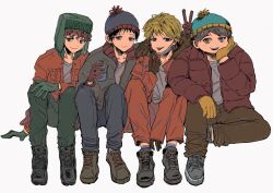 4boys animification black_boots black_hair blonde_hair blue_eyes blue_hat blue_pants boots breast_pocket brown_boots brown_eyes brown_gloves brown_pants buttons can closed_mouth drink_can eric_cartman full_body fur-trimmed_hood fur_trim gloves green_eyes green_gloves green_hat green_pants grey_hair grey_jacket grey_shirt hair_between_eyes hand_on_own_face hand_on_own_knee hand_up hat highres holding holding_can hood hooded_jacket jacket kenny_mccormick kyle_broflovski li_626 long_sleeves looking_at_viewer male_focus mask mouth_mask multiple_boys open_clothes open_jacket open_mouth orange_jacket orange_pants pants pocket pom_pom_(clothes) purple_eyes red_gloves red_hair red_jacket shirt short_hair simple_background sitting smile soda_can south_park stan_marsh t-shirt teeth tongue tongue_out v wavy_hair white_background yellow_pants