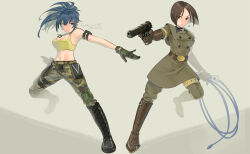2girls arm_pouch blue_eyes blue_hair boots breasts brown_eyes brown_hair cargo_pants choker combat_boots crop_top desert_eagle dog_tags earrings gloves gun handgun highres holding holding_whip jewelry leona_heidern military military_uniform multiple_girls muscular muscular_female pants ponytail sakura_mafumi short_hair soldier tank_top the_king_of_fighters triangle_earrings weapon whip whip_(kof) yellow_tank_top