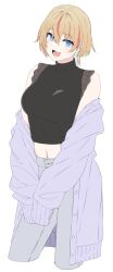 Rule 34 | 1girl, akitetsu, black shirt, blonde hair, blue eyes, breasts, cowboy shot, grey pants, grey shirt, highres, lace, lace-trimmed shirt, lace trim, looking at viewer, medium breasts, midriff, multicolored hair, nanashi inc., navel, open mouth, orange hair, pants, shirt, shirt partially removed, short hair, simple background, sleeveless, sleeveless shirt, smile, solo, touri sei, touri sei (2nd costume), turtleneck, turtleneck shirt, two-tone hair, virtual youtuber, white background