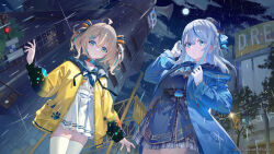 2girls ahoge amagai_ruka appare_hinata belt_collar blonde_hair blue_coat blue_collar blue_eyes blue_hair blue_jacket blue_neckerchief blue_ribbon blue_sailor_collar blue_shirt braid buttons center-flap_bangs closed_mouth cloud coat collar collared_shirt commentary_request copyright_notice double-breasted double-parted_bangs earphones gloves gold_trim grey_hair grey_skirt hair_between_eyes hair_ornament hair_ribbon hairclip hand_up hood hooded_coat hooded_jacket jacket kobuta long_sidelocks long_sleeves looking_at_viewer miniskirt multicolored_hair multiple_girls neck_ribbon neckerchief night official_art outdoors parted_lips plaid_clothes plaid_skirt pleated_skirt rain ribbon sailor_collar school_uniform serafuku shared_earphones shibuya_(tokyo) shibuya_109 shirt short_hair side_braid sidelocks skirt streaked_hair thighhighs tokyo_(city) traffic_light virtual_youtuber weather_planet white_gloves white_serafuku white_shirt white_skirt white_thighhighs yellow_jacket