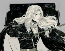 1boy alucard_(castlevania) ascot cape castlevania:_nocturne castlevania_(series) character_name dhampir furrowed_brow gloves half-human highres holding holding_sword holding_weapon long_hair looking_at_viewer male_focus solo sparkle sword tirtyturtle twitter_username undead upper_body vampire weapon