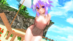 1girl 3d breasts d-pad d-pad_hair_ornament hair_ornament matching_hair/eyes neptune_(neptunia) neptune_(series) nipples outdoors purple_eyes purple_hair short_hair small_breasts swimsuit water