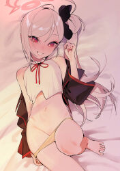 1girl absurdres barefoot bed_sheet beijuu black_flower black_jacket blue_archive blush breasts collarbone feet fingernails flower hair_flower hair_ornament halo highres jacket knee_up long_hair long_sleeves looking_at_viewer lying mutsuki_(blue_archive) navel on_back panties panties_around_thighs panty_pull petite red_eyes red_halo red_ribbon ribbon shirt side_ponytail sleeveless sleeveless_shirt small_breasts smile solo underwear white_hair yellow_panties