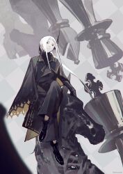 1girl absurdres black_horns black_jacket black_pants black_shoes chess_piece closed_mouth commentary crossed_legs english_commentary highres horns jacket long_hair looking_up original pants shoes single_horn sitting smile solo sorrowny white_hair