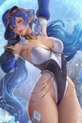 1girl arm_up bare_shoulders black_gloves blue_hair blue_hood blush breasts claw_ring detached_sleeves drill_hair drill_sidelocks genshin_impact gloves hair_between_eyes highleg highleg_leotard highres hood hood_up jewelry juliet_sleeves large_breasts layla_(genshin_impact) leotard lips long_hair long_sleeves looking_at_viewer neck_ring parted_lips pointy_ears prywinko puffy_sleeves sidelocks solo strapless strapless_leotard twin_drills yellow_eyes