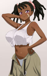 1girl armpits ayukawa_miyuki bandaid bandaid_on_face basquash! belt black_hair blush breasts brown_pants cameltoe closed_mouth commission covered_erect_nipples dark-skinned_female dark_skin from_side fuooooo hand_on_own_hip highres large_breasts lips looking_at_viewer medium_hair navel panties pants pixiv_commission purple_eyes simple_background smile solo stomach sweat tank_top unbuttoned underwear white_background white_panties white_tank_top