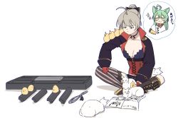 2girls ahoge akashi_(azur_lane) animal animal_ears animal_on_shoulder asymmetrical_footwear azur_lane baby_animal bird black_choker black_jacket black_shorts boots bow breasts brown_hair cat cat_ears chick choker cleavage collarbone corset cross-laced_clothes gloves green_hair grey_hair hair_between_eyes hair_bow hatski.sin high_ponytail highres holding indian_style jacket jean_bart_(azur_lane) knee_boots long_hair long_sleeves looking_down manjuu_(azur_lane) mismatched_footwear multiple_girls ponytail reading red_gloves ribbon_choker shorts simple_background single_thighhigh sitting sleeves_past_wrists striped_clothes striped_thighhighs thighhighs vertical-striped_clothes vertical-striped_thighhighs white_background yellow_eyes