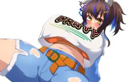 1girl blush breasts daitaku_helios_(umamusume) denim hair_ornament hairclip highres jeans large_breasts open_mouth pants smile to20ko2ko235353535 torn_clothes torn_jeans torn_pants umamusume