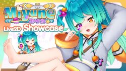1girl 2023 animated barefoot character_name english_text foot_focus green_hair gun heterochromia indie_virtual_youtuber kvxart live2d loli long_hair miyune_bun shouu_kyun solo weapon