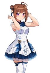 1girl ahoge blunt_bangs blush breasts brown_hair china_dress chinese_clothes commentary_request double_bun dress feet_out_of_frame hair_bun hands_up highres idolmaster idolmaster_million_live! kamille_(vcx68) looking_at_viewer medium_breasts pink_eyes sidelocks simple_background sleeveless sleeveless_dress smile solo thighhighs white_background white_dress white_thighhighs yokoyama_nao zettai_ryouiki