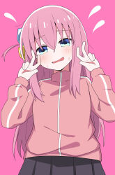1girl absurdres bent_v blue_eyes blush bocchi_the_rock! commentary_request cube_hair_ornament double_v flying_sweatdrops gotoh_hitori hair_ornament head_tilt highres hosinonana jacket long_hair long_sleeves looking_at_viewer one_side_up open_mouth pink_background pink_hair pleated_skirt skirt solo sweat track_jacket v wavy_mouth