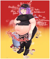 1girl absurdres alternate_body_size belly belly_grab big_belly breasts eating fat fat_woman food full_stomach highres hololive medium_breasts navel obese orristerioso thick_arms thick_thighs thighs tokoyami_towa undersized_clothes virtual_youtuber weight_gain