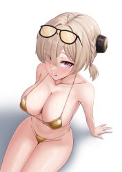 1girl :q absurdres arm_support bare_shoulders bikini blonde_hair blush breasts closed_mouth collarbone commentary commentary_request commonalty english_commentary eyes_visible_through_hair eyewear_on_head from_above gold_bikini groin hair_over_one_eye headgear highres large_breasts looking_at_viewer mixed-language_commentary navel purple_eyes short_hair simple_background sitting solo stomach sunglasses sweety_(zenless_zone_zero) swimsuit thighs tinted_eyewear tongue tongue_out variant_set white_background yellow-tinted_eyewear yellow_bikini zenless_zone_zero